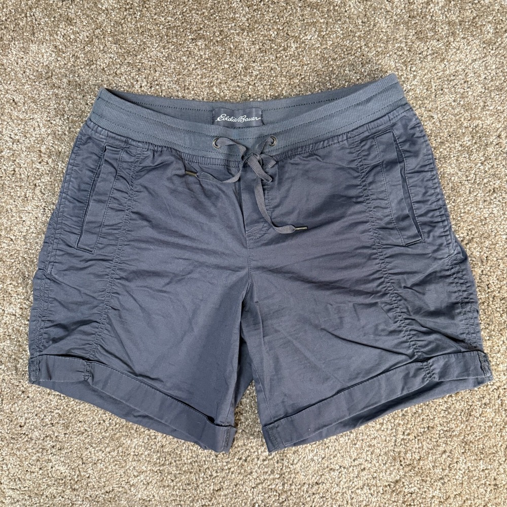 Eddie Bauer Kick Back Chino Shorts Womens 8 Blue Gray Cotton Mid Rise Cuffed Hem